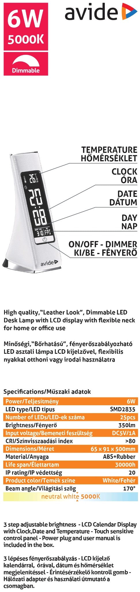 Avide 909363 Namizna svetilka LED Bussines Leather Calendar 6W NW 350 lm