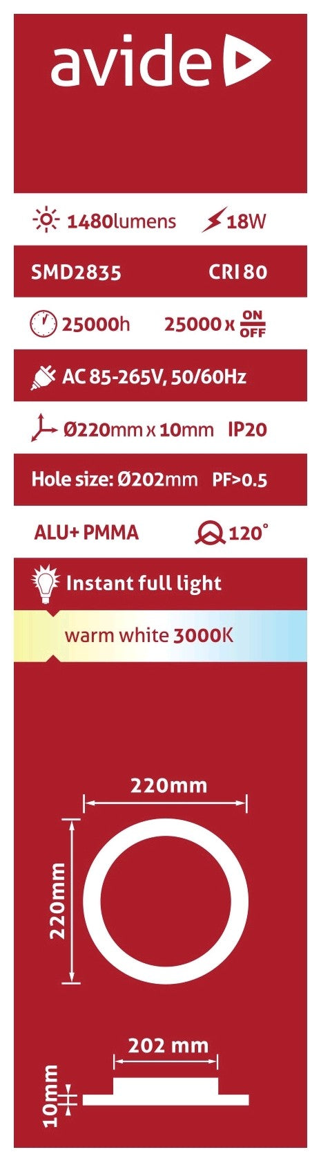 Avide 281277 Svetilka stropna vgradna LED 18W 3000K 1480lm