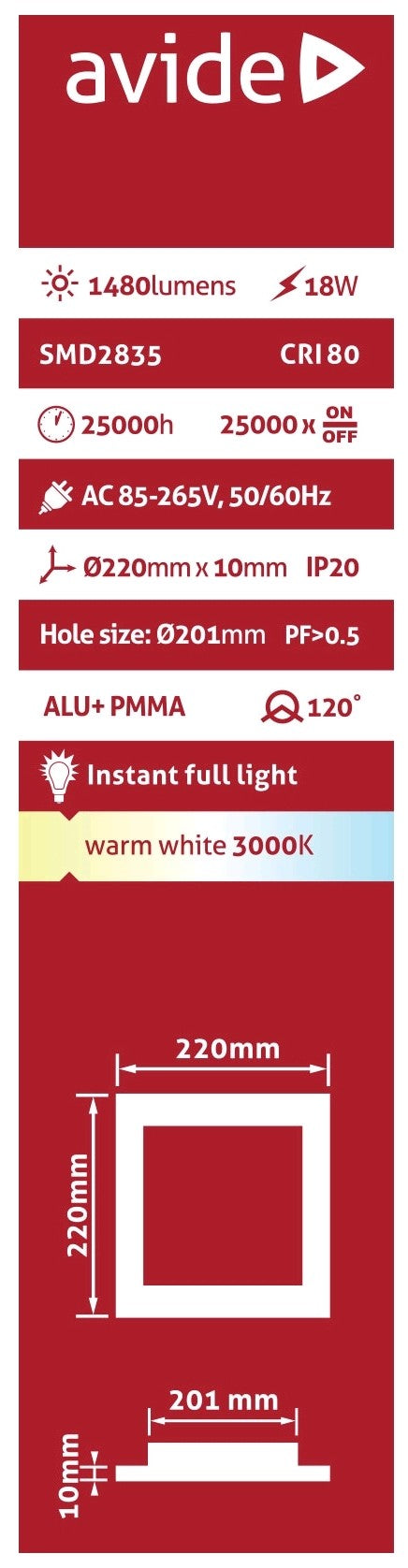 Avide 281314 Svetilka stropna vgradna LED 18W 3000K 1480lm