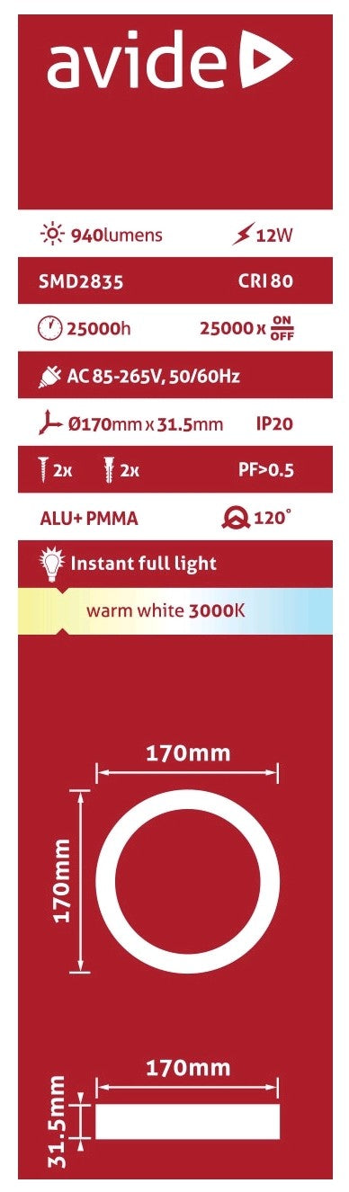 Avide 81888 Stropna svetilka LED 12W WW 940 lm