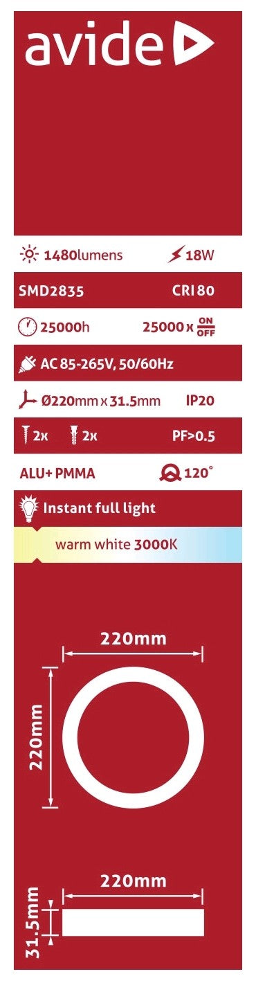 Avide 81949 Stropna svetilka SMD LED 18W WW 1480 lm