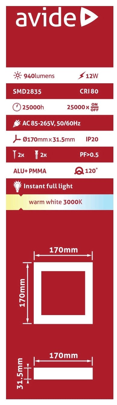 Avide 282007 Svetilka stropna LED 12W 3000K 940lm fi170mm