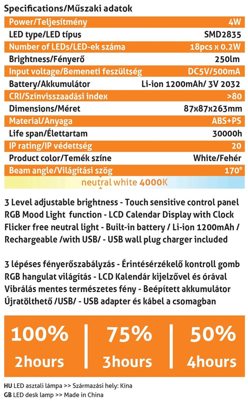 Avide 287620 Namizna svetilka Calendar RGB LED 4W NW 250 lm
